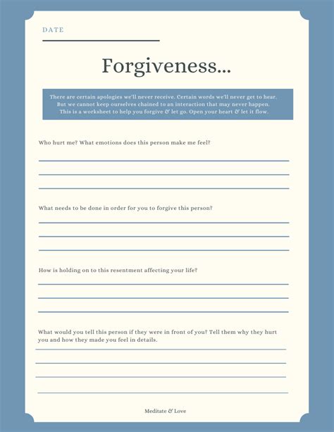 By including vignettes, this <b>worksheet</b> provides readers with realistic, relatable examples of ways to enhance self-love. . Letting go and forgiveness worksheets